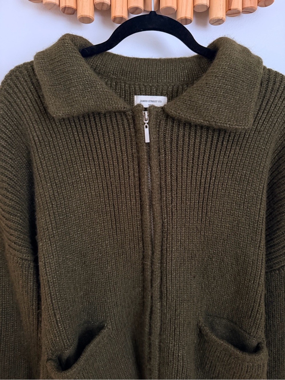 James Street Co. Olive Zip-Front Knit Sweater with Collar - Picture 3 of 6